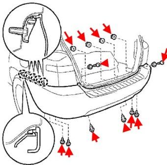 the scheme of fastening of the rear bumper 20 XU Toyota Highlander (2001-2007)